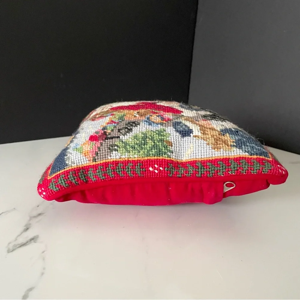 Santa on a Train Holiday Needlepoint Pillow